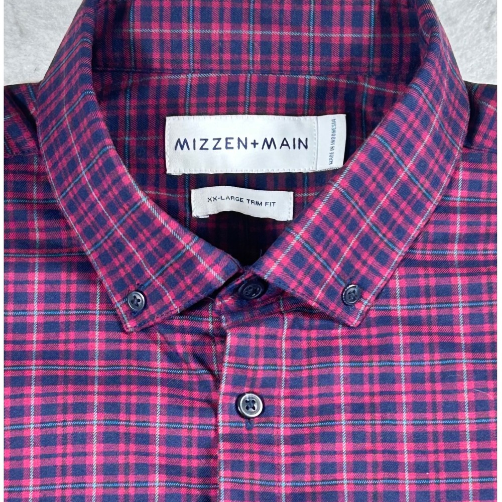 Mizzen+Main Wallace Flannel Shirt Mens XXL Trim Fit Red Navy Plaid Performance